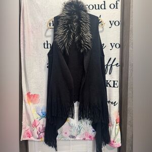 Faux Fur Sweater Vest with Fringe Black One Size by Pinklicious